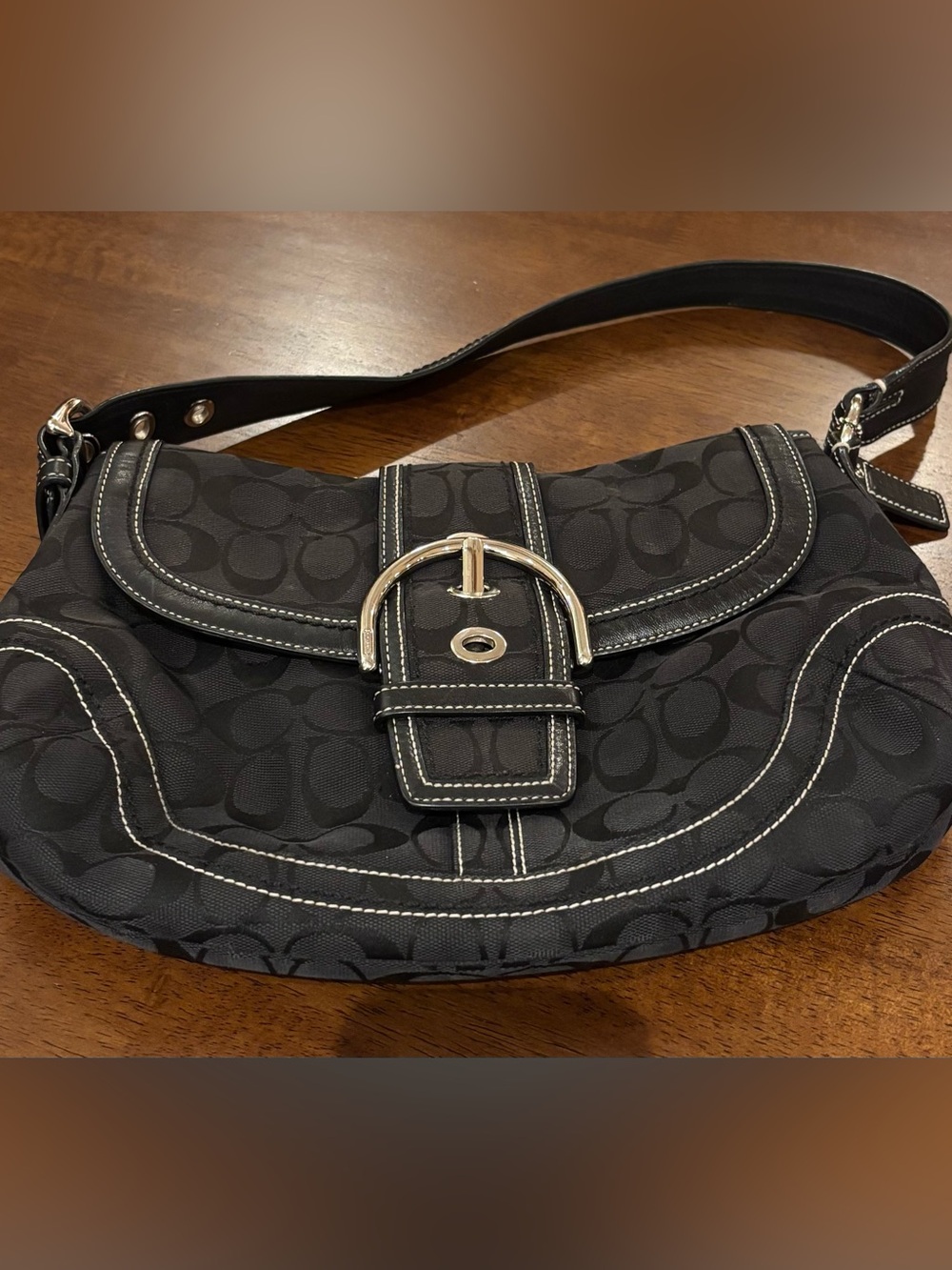 Coach F10926 Vintage Soho Black Leather & Signature Canvas Tote w/silver buckle - Picture 9 of 11